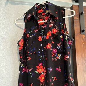 Express black button up top with florals and hummingbirds